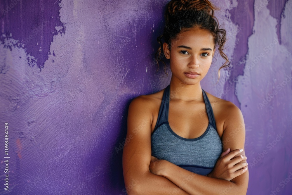 Fototapeta premium Confident woman displaying fitness and strength against purple wall.