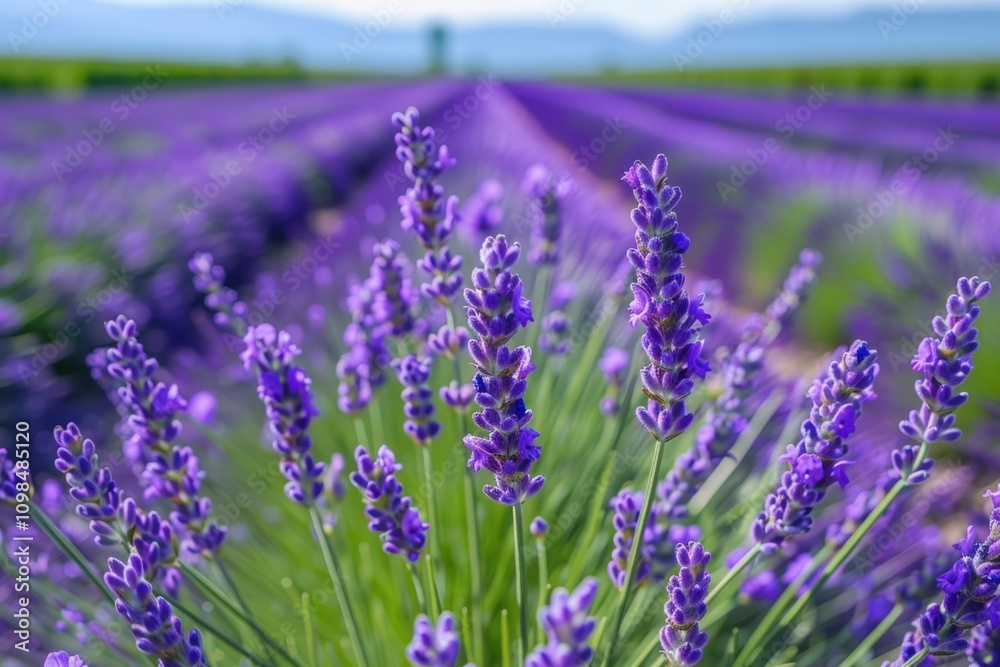 Fototapeta premium Rows of vibrant purple lavender flowers in a field creating a calming and serene landscape.
