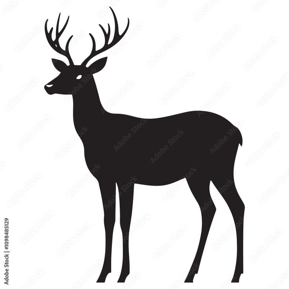 Obraz premium Deer Silhouette Vector Illustration, Minimalist Deer Silhouette Icon, Standing Deer Silhouette Vector Art, Deer Head Silhouette Logo Design, Running Deer Silhouette Design.