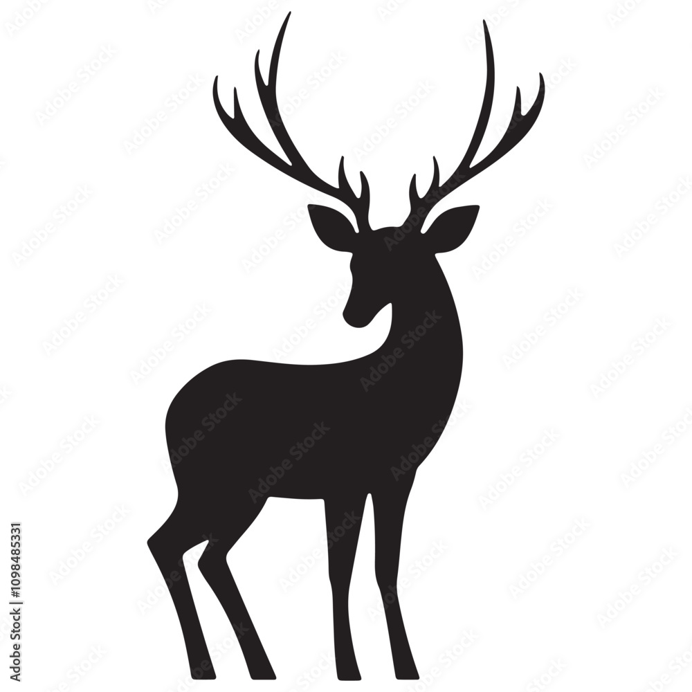 Obraz premium Deer Silhouette Vector Illustration, Minimalist Deer Silhouette Icon, Standing Deer Silhouette Vector Art, Deer Head Silhouette Logo Design, Running Deer Silhouette Design.