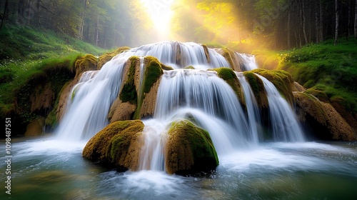 A majestic waterfall cascades down a series of moss covered rocks in a lush green forest, with the sun's rays filtering through the thick canopy of trees