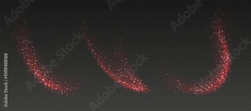 Red glitter splashes, shiny star dust explosion, shimmer spray effect, festive holiday particles isolated on a dark background. Christmas decoration. Vector illustration.