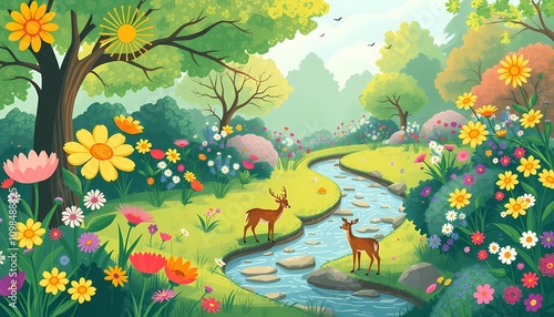 Two deer by a stream in a vibrant spring meadow. photo