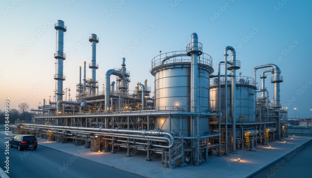 Obraz premium A large industrial plant with numerous pipes and structures stands under a setting sun, symbolizing manufacturing and industry. The scene is vast and complex.