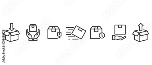 Line icons about delivery boxes and package. Delivery boxes and package, thin line icon set. Symbol collection in transparent background. Editable vector stroke. Eps10.