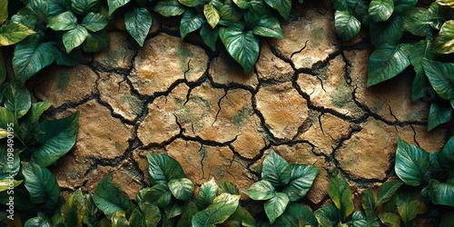 Dry, cracked soil is interspersed with vibrant green leaves, showcasing the resilient beauty of nature amidst harsh conditions in a unique landscape