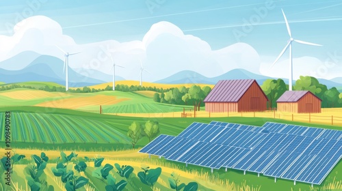 A conceptual view of a large sustainable farm utilizing solar panels and wind turbines, depicting sustainable agriculture, Simplified flat paper art illustration of