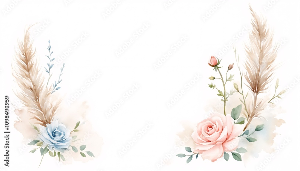 Obraz premium Delicate watercolor design featuring roses and pampas grass with ample copy space