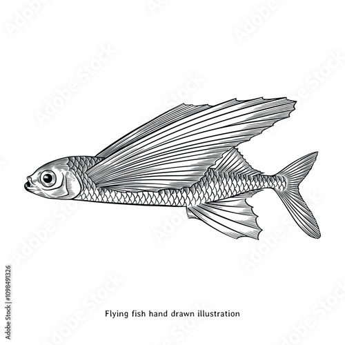Flying fish illustration. Flying fish hand drawn illustration in vintage engraving style. Flying fish sketch drawing