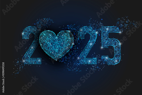 Abstract isolated blue image of new year number 2025. Polygonal low poly wireframe illustration looks like stars in the black night sky in space or flying glass shards. Digital web, internet design.