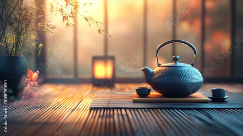 Traditional Japanese herbal tea made in old teapot photo