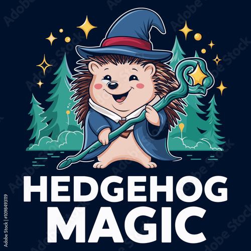 Cute Hedgehog Wizard in Magical Forest with Spellbound Staff Illustration