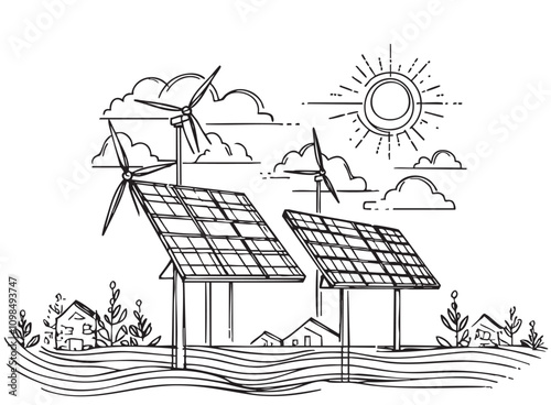 Solar panels or alternative sources of energy. drawn sketch, landscape