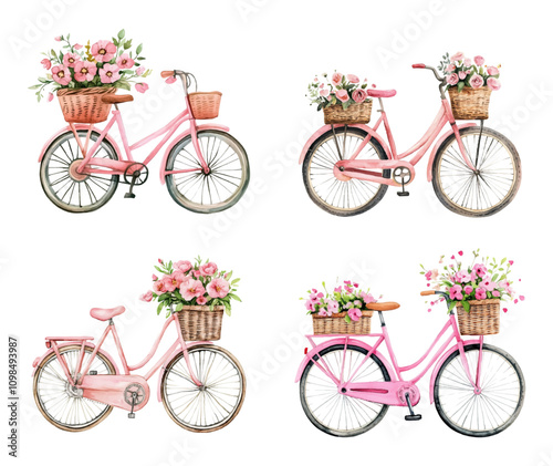 Watercolor set of cute pink bicycle with colorful flowers in basket. Retro bicycle with flowers watercolor png. Summer and spring concept. Vector illustration.