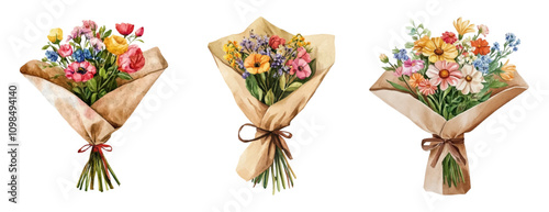 Set of watercolor bouquets wrapped in kraft paper. Wildflowers wrapped in eco-friendly paper. Concept of rustic bouquets and organic packaging. Flower shop. Vector illustration.