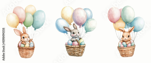 Watercolor set of cute Easter bunnies on isolated background. Cute bunnies flying in a basket with Easter eggs on a hot air balloon. Happy Easter. Cute watercolor elements. Vector illustration.