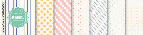 Collection of delicate geometric seamless patterns. Simple dotted and striped textures. Repeatable unusual color minimalistic backgrounds. Textile endless prints