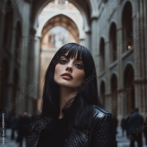 mysterious woman in black leather jacket with dark hair and bangs standing in gothic cathedral architecture moody portrait photography photo