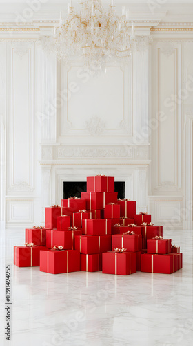 Large Massive Red Gift Boxes Standing Tall | Festive Holiday Scene with Decorative Ribbons | Perfect for Christmas, Birthdays, or Special Occasions photo