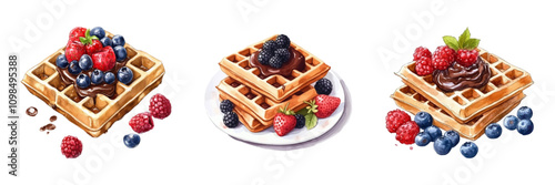 Watercolor Belgian waffles png. Appetizing Belgian waffles topped with chocolate topping and decorated with forest berries. Savory breakfasts watercolor. Vector illustration.