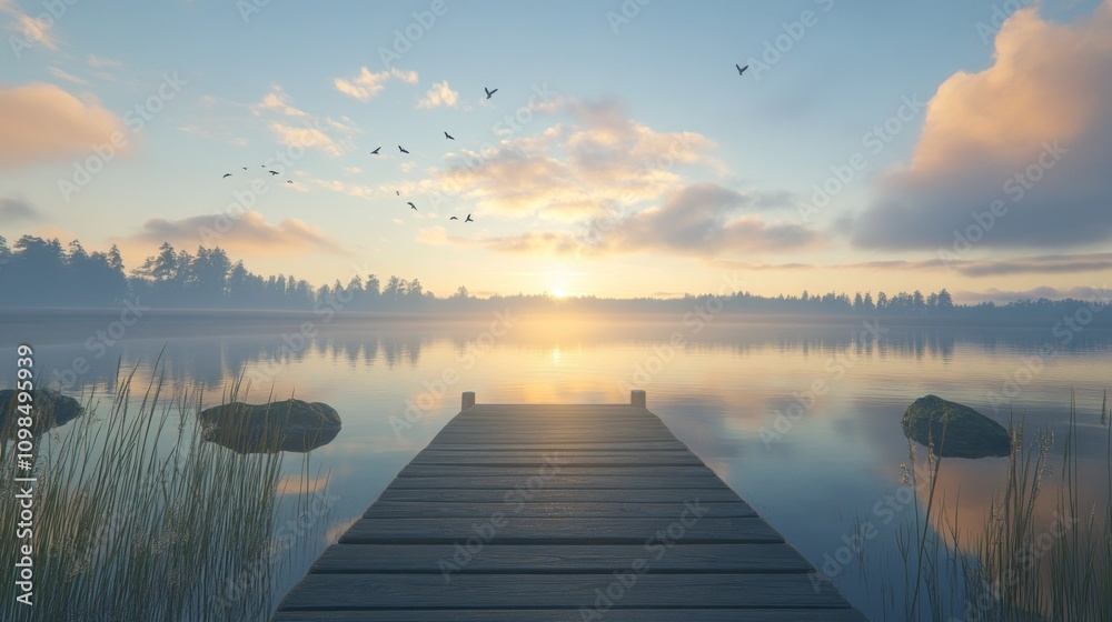 Fototapeta premium Serene Sunrise Over Calm Lake With Wooden Dock