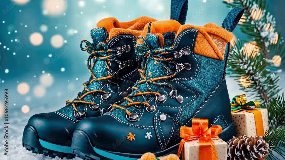 St. nicholas day celebration with gifts and winter boots in snowy setting