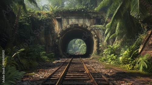 In the midst of a gorgeous tropical forest is an old, deserted railway tunnel. photo