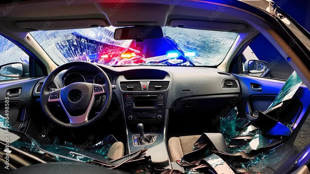 Interior view of a crashed car with broken glass and emergency police lights outside

