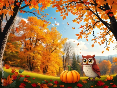 A cartoon drawing of an owl sitting on a pumpkin surrounded by dry maple leaves photo