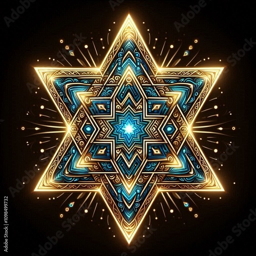 Stylized Star of David with intricate patterns and glowing accents in blue and gold. photo