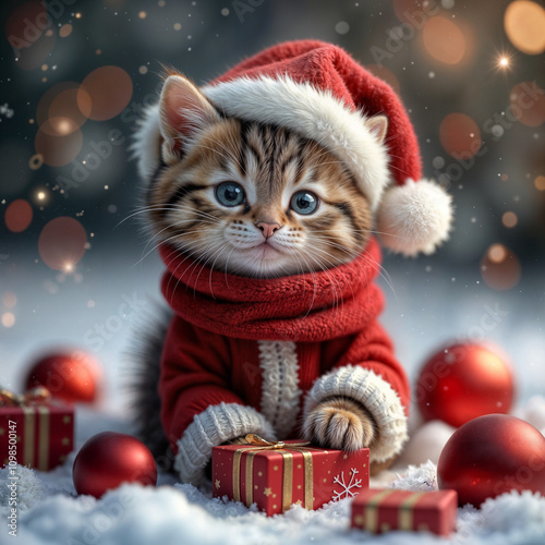 Cute Cat dressed as Santa Claus, surrounded by presents at bokeh winter background photo