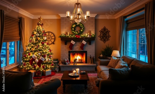 Cozy Christmas living room, warm fireplace glow, decorated Christmas tree, twinkling lights, festive garland, soft armchairs, bay windows, ornate chandelier, holiday ambiance, rich warm colors, evenin photo