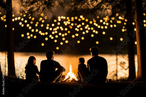Family Sitting Near Campfire