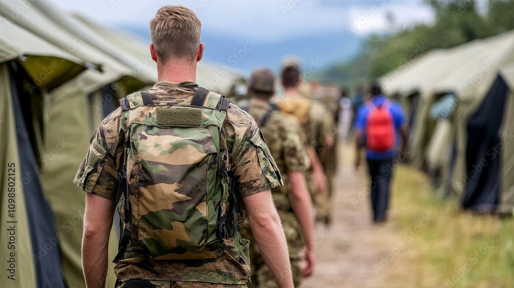Fototapeta premium A group of military personnel in camouflage uniforms walking toward a campsite, creating a sense of camaraderie and discipline.