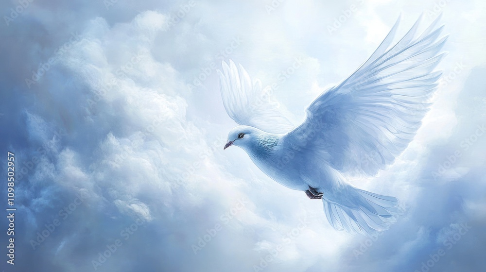 Obraz premium White dove in flight against a cloudy sky, symbolizing peace, hope, and spirituality.