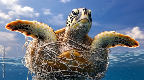 A distressed turtle with its shell entangled in a thick, tangled fishing net, struggling to swim and breathe as it desperately tries to free itself from the suffocating trap. photo