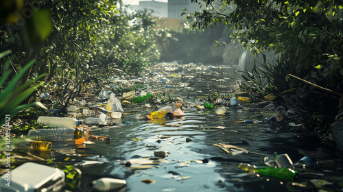 A polluted river filled with plastic bottles and industrial waste, surrounded by lifeless vegetation. photo