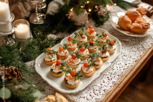 christmas canapes display, unique christmas canaps showcased on a lace runner, surrounded by festive greens, creating a charming setting for text photo