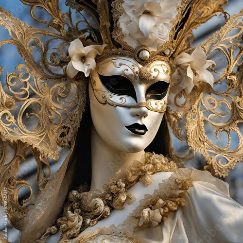 Venetian carnival. People with white mask, wears an enchanting eye mask. Traditional festival of Italy Europe background