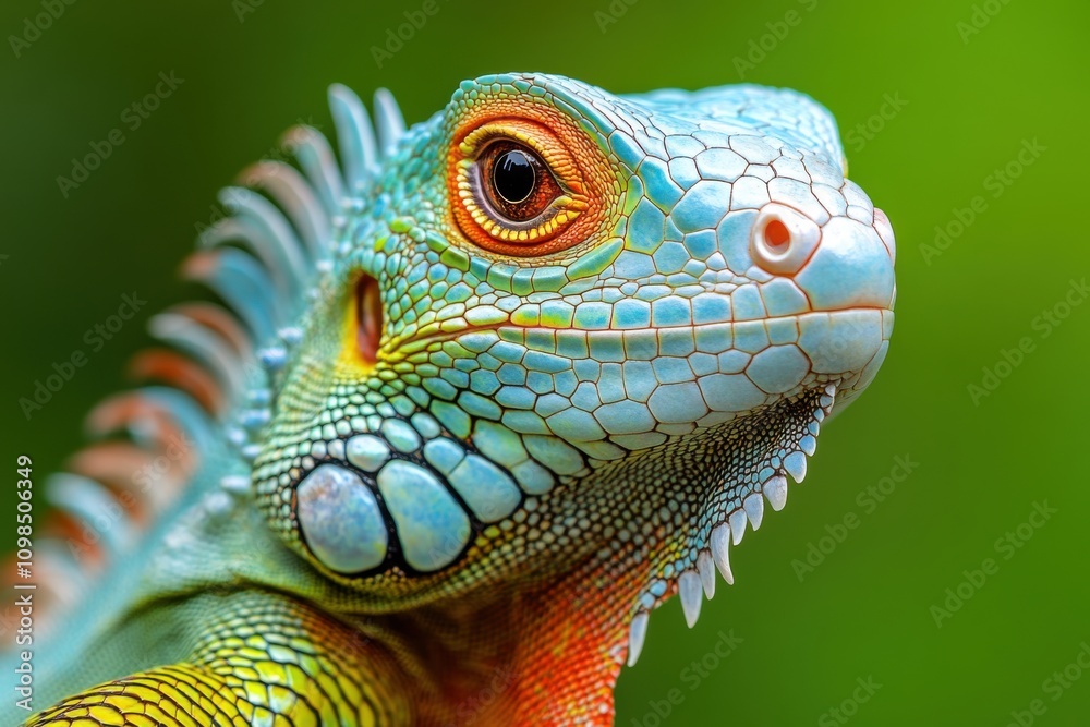 Obraz premium Close-up of an iguana on a vibrant green background. Detailed and exotic reptile profile. Perfect for nature and wildlife visuals.