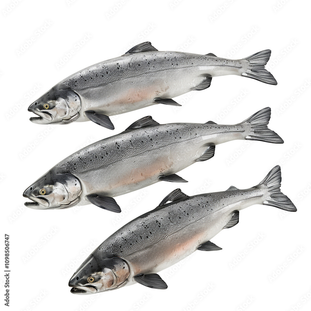 Obraz premium Three Salmon Fish on a White Background