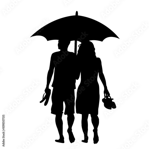 Silhouettes of lovers walking barefoots with umbrella.eps