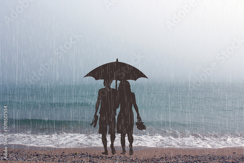 Barefoot loving couple on the beach with an umbrella in the rain