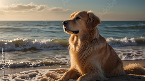 A majestic golden retriever, half-body portrait, sitting gracefully with its fur glistening under the sunlight, with a serene ocean backdrop and gentle waves