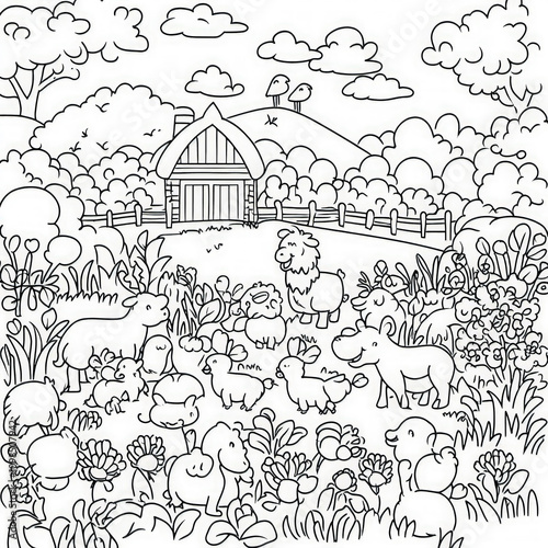 A bustling farm with animal...