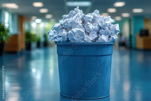 Wastebasket filled with crumpled paper and documents. Office concept on a clean blue background. Banner design with ample text space. photo