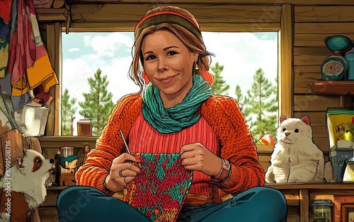 Enchanting Female Bogatyr Knitting a Colorful Bathroom Rug: A Whimsical Folk Art Poster for Cozy Spaces, Featuring Intricate Patterns and Playful Animals Amidst Traditional Russian Motifs photo