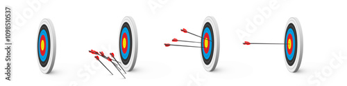 Archery target with arrows set, side view vector illustration. Realistic isolated dartboard collection with arrows in bullseye center, archers darts hit or miss circle boards.