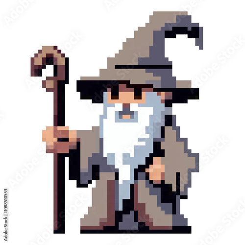 Pixel art wizard with long beard	
