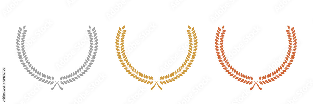 Obraz premium Gold, silver, bronze laurel wreaths. Winner medal award set vector illustration. Victory symbol, triumph emblem, champion prize isolated on transparent background.
